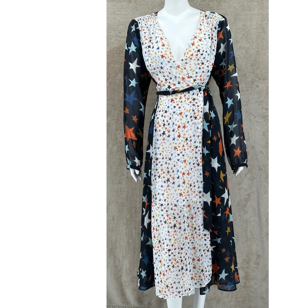 Hutch Anthropologie Dress Women Small Navy White Audra Wrap Midi Stars Celestial